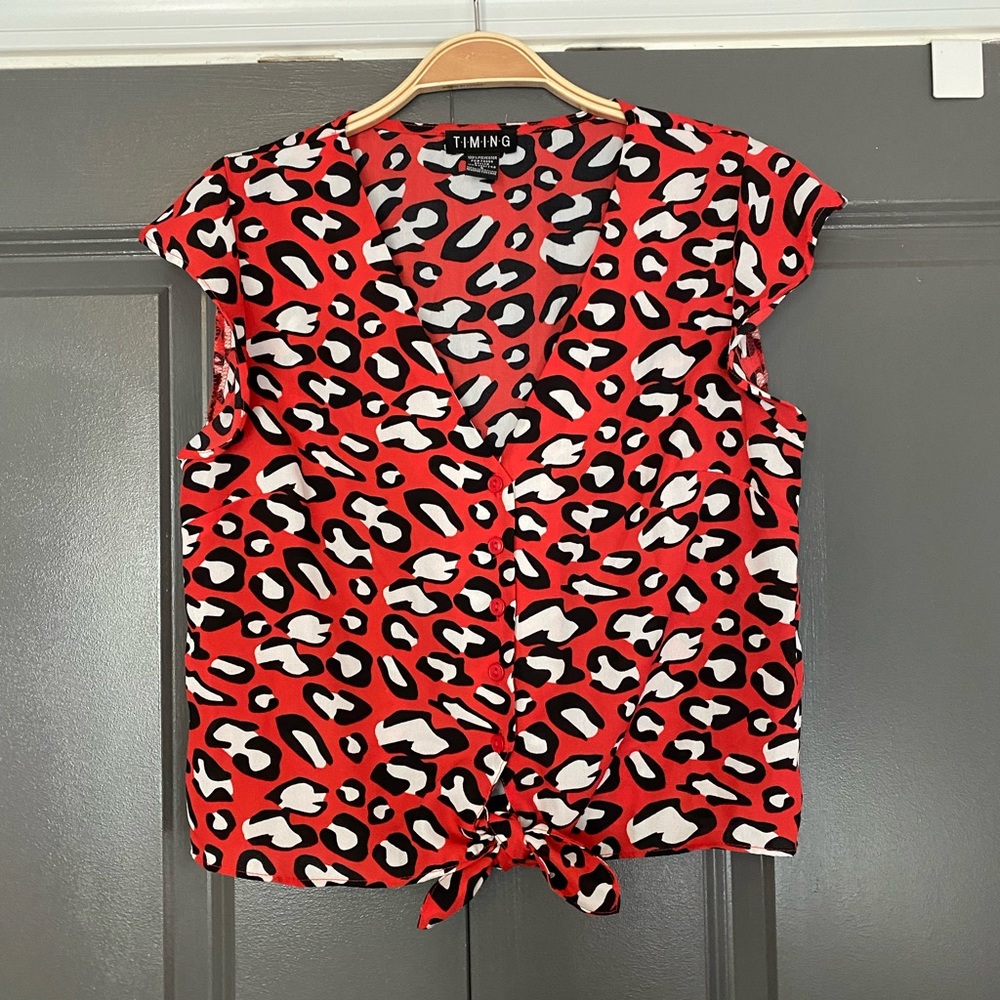 Timing crop tie front animal print blouse